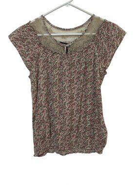 Nine West Jeans Floral Lace Inset Cap Sleeve Smocked Top Size Medium